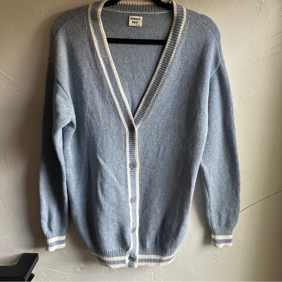 Aritzia Sunday Best Lamora Cardigan Light Blue & Ivory Sz XS Boyfriend Cardigan - Picture 1 of 15